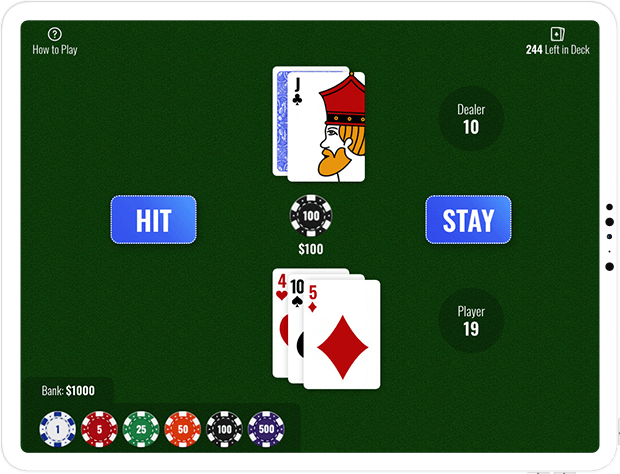 An ipad displaying a blackjack game being played.