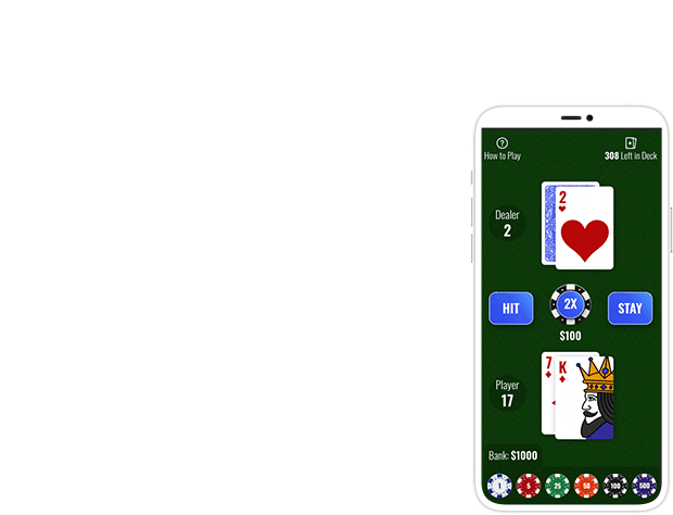 An iphone displaying a blackjack game being played.